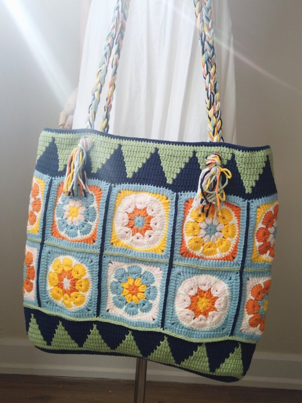 Handmade Boho Crochet Tote Bag – 16 Patchwork Flowers - Picture 2 of 5